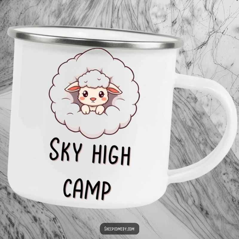 Funny Cloud Sheep Camping Mug: A curious sheep peeking from a giant fluffy cloud, a humorous mug for dreamers.