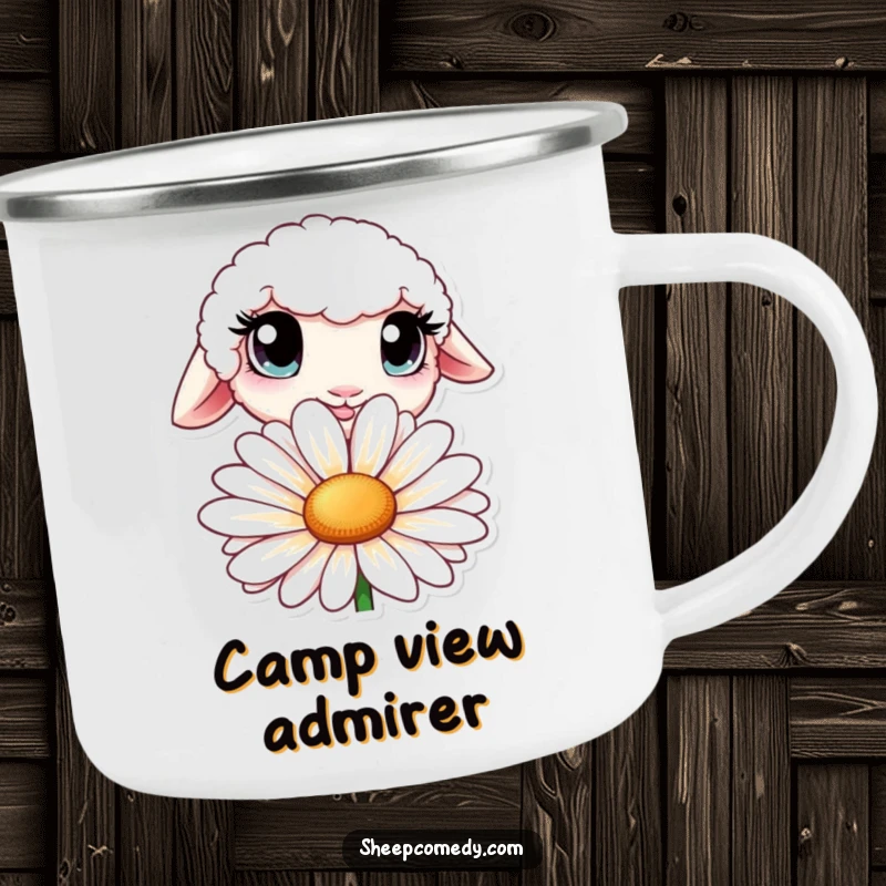 Funny camping mug with a durable enamel finish, showing a sheep with curious eyes peeking from behind a daisy.