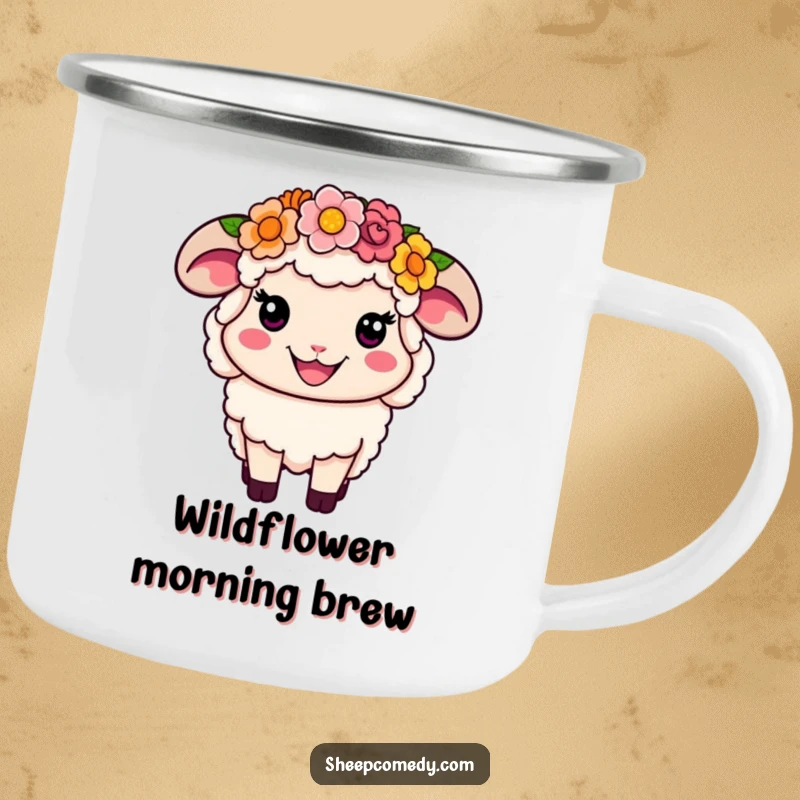 Funny Flower Crown Sheep Camping Mug: A smiling sheep wearing a colorful flower crown, a cheerful mug for outdoor fun.