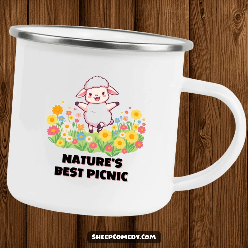 Funny Sheep Camping Mug shows a happy sheep dancing in a flower field, perfect for coffee or tea during outdoor adventures, adding humor.