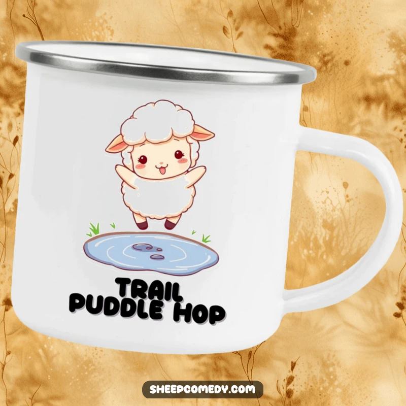 Funny camping mug with a durable enamel finish, showing a fluffy sheep playfully jumping over a puddle.