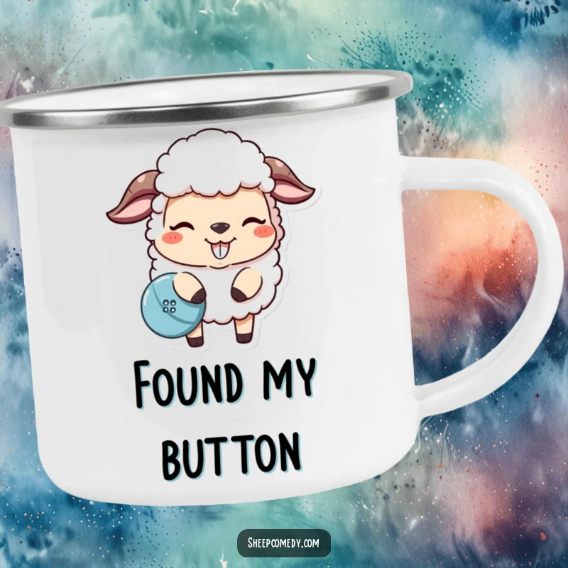 Funny sheep camping mug, a mischievous sheep nudging a lost button, perfect for outdoor humor.