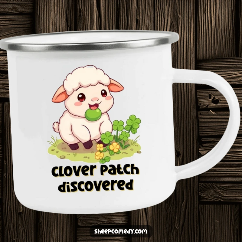 Funny sheep camping mug, a happy sheep munching on a hidden clover patch, perfect for outdoor contentment.
