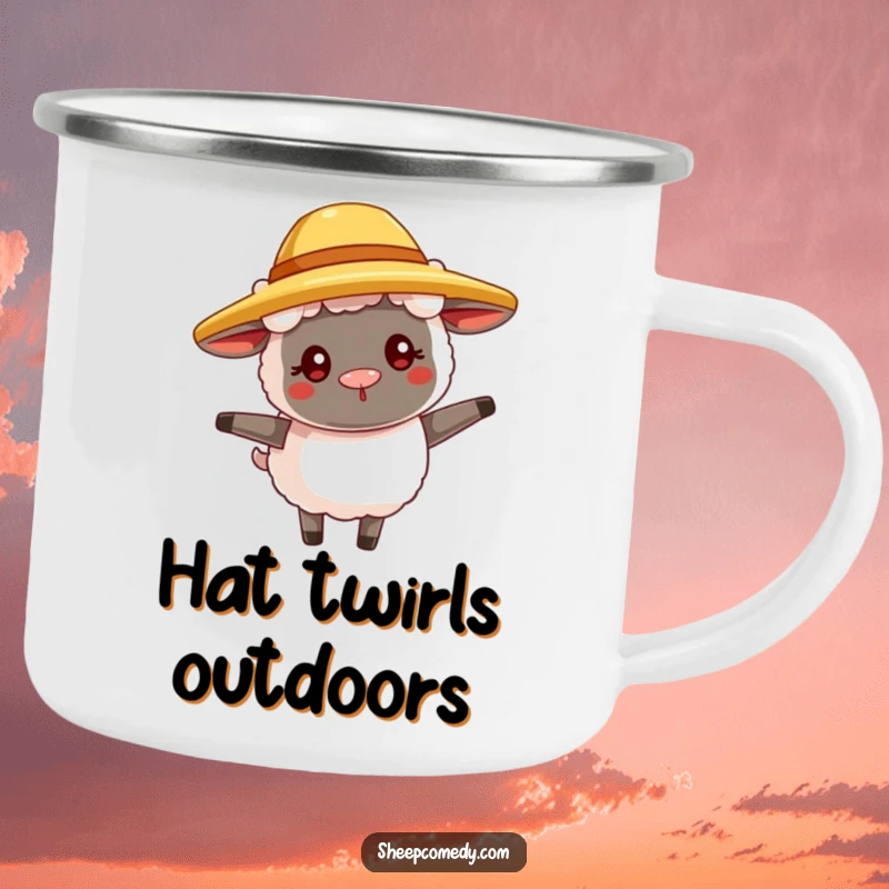 Funny sheep camping mug, a goofy sheep in a straw hat, twirling happily, perfect for outdoor fun.