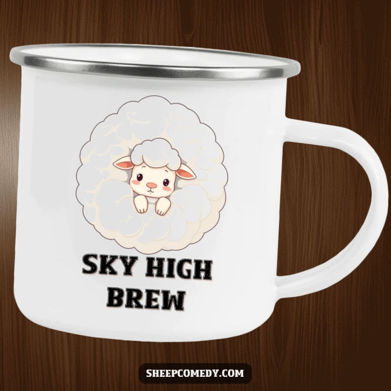 Funny sheep camping mug: a curious sheep peeks from behind a fluffy cloud, perfect for enjoying sky-gazing moments outdoors.