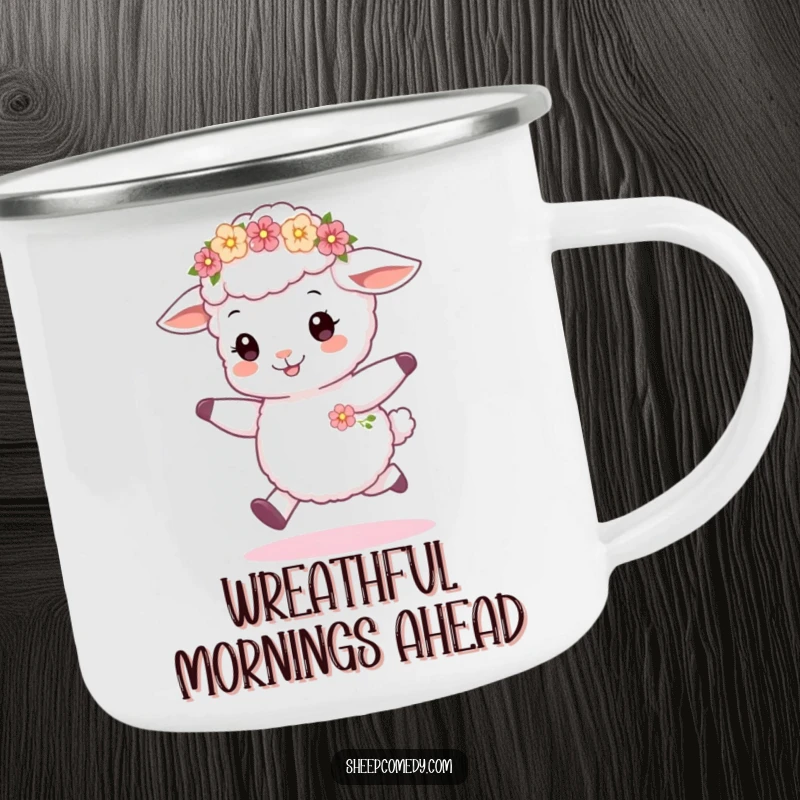 Funny sheep cub skipping camping mug, featuring a cheerful lamb with a flower wreath, built for outdoor use and enjoyment.