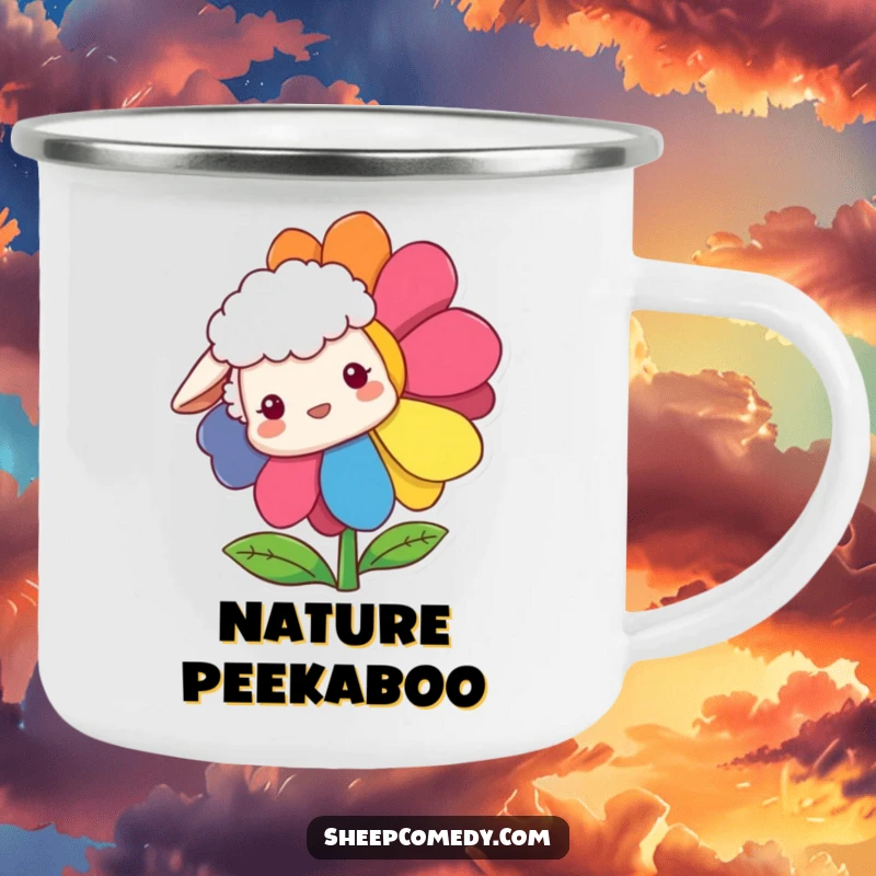 Funny Sheep Camping Mug featuring a sheep curiously peeking from behind a rainbow flower, bringing outdoor fun and humor.