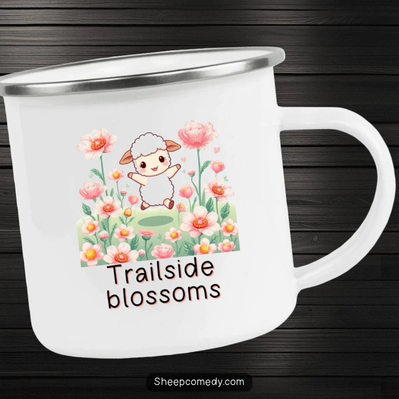 Funny sheep camping mug: a joyful sheep character skips through shimmering flowers, bringing floral cheer to outdoor excursions.
