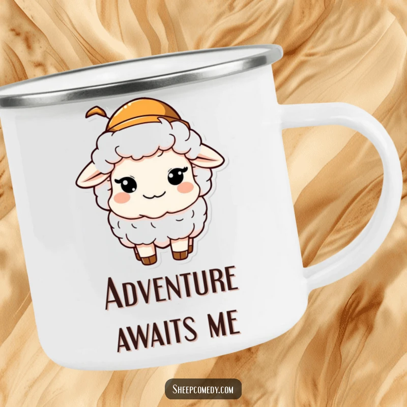 Funny camping mug depicting a sheep character winking mischievously while wearing a small hat, durable for fun outdoor moments.