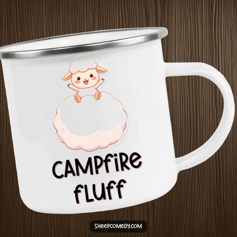 Funny sheep camping mug: a joyful sheep character bounces on a fluffy marshmallow, perfect for cozy outdoor adventures.