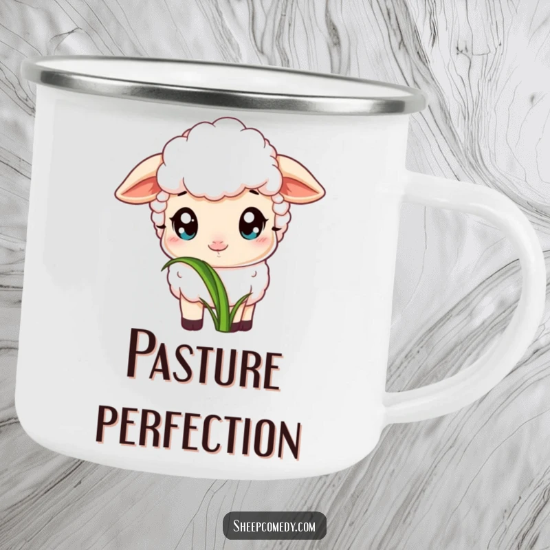 Funny camping mug with a sheep featuring wide, innocent eyes, peacefully nibbling on a particularly tasty blade of grass, perfect for nature lovers.