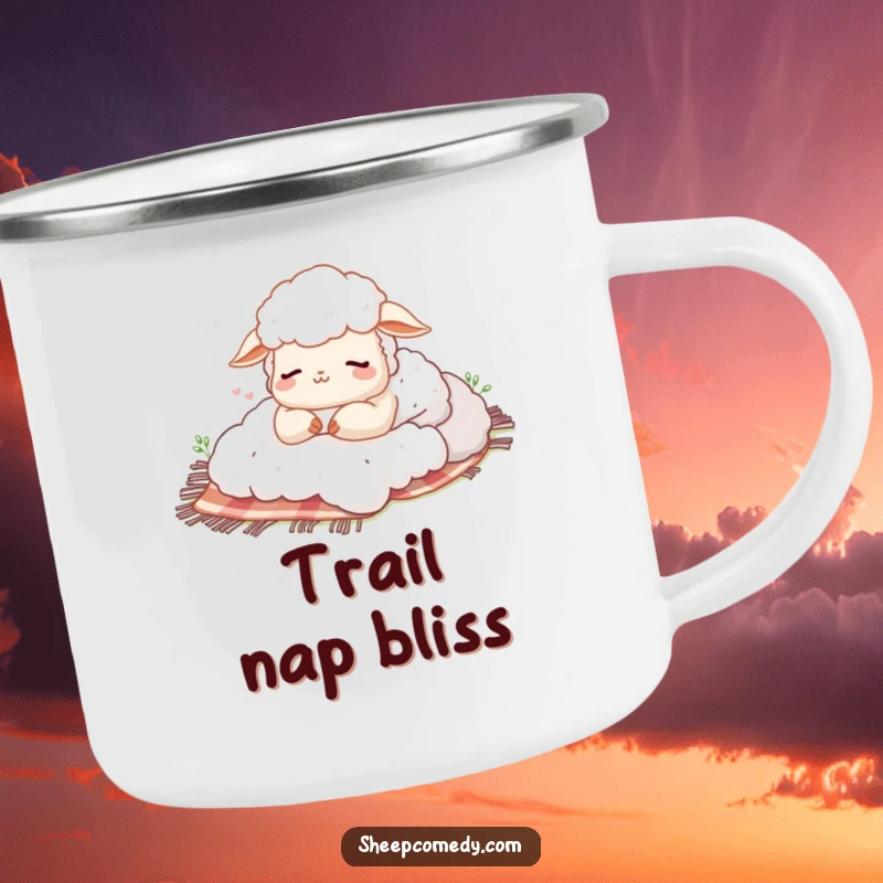 Funny camping mug depicting a sheep taking a happy sigh nap on a picnic blanket, a humorous and durable companion for outdoor relaxation.