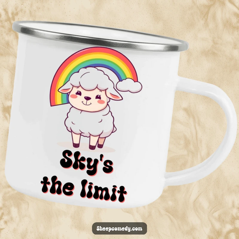 Funny camping mug depicting a sheep with a silly grin, humorously balancing a rainbow, a cheerful and durable companion for outdoor trips.