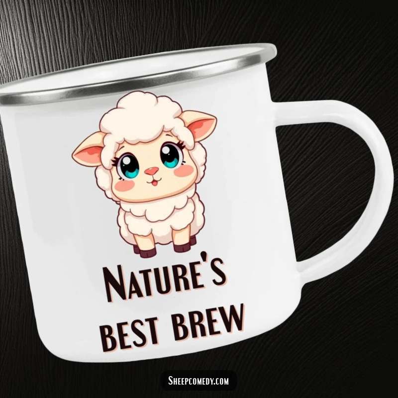 Funny camping mug showing a sheep with wide, amazed eyes looking at a rainbow, durable for outdoor adventures and hot beverages.