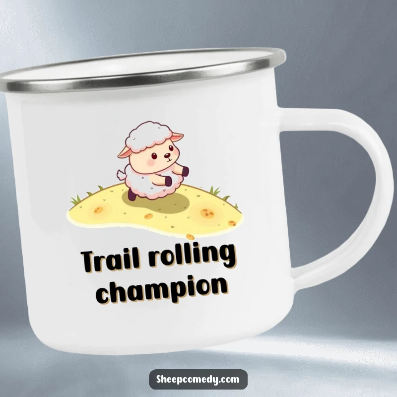 Funny Sheep Camping Mug: A sheep character energetically rolling down a grassy slope, designed for outdoor enjoyment.