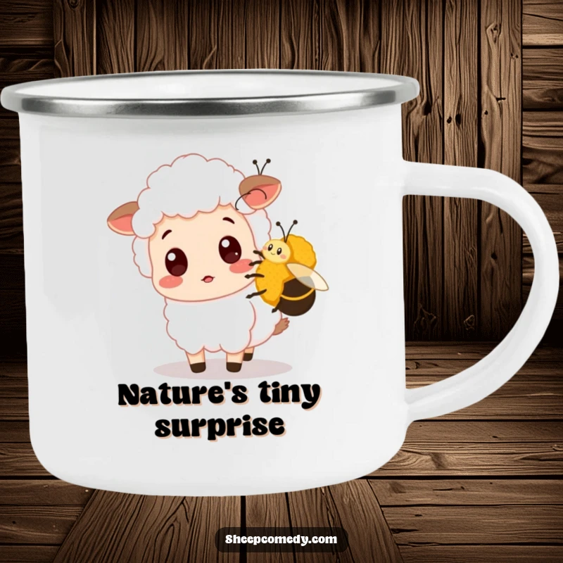 Funny Sheep Camping Mug shows a surprised sheep being nudged by a bumblebee, perfect for coffee or tea during outdoor adventures, adding humor.