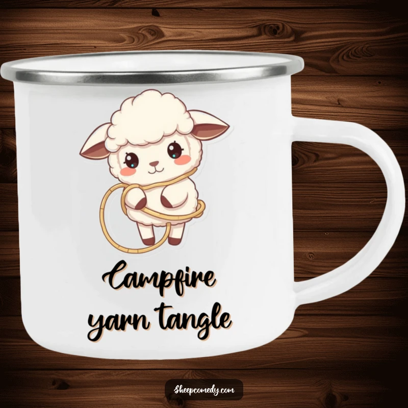 Funny Sheep Camping Mug shows a sheep playfully tangled in yarn, perfect for coffee or tea during outdoor adventures, adding humor.