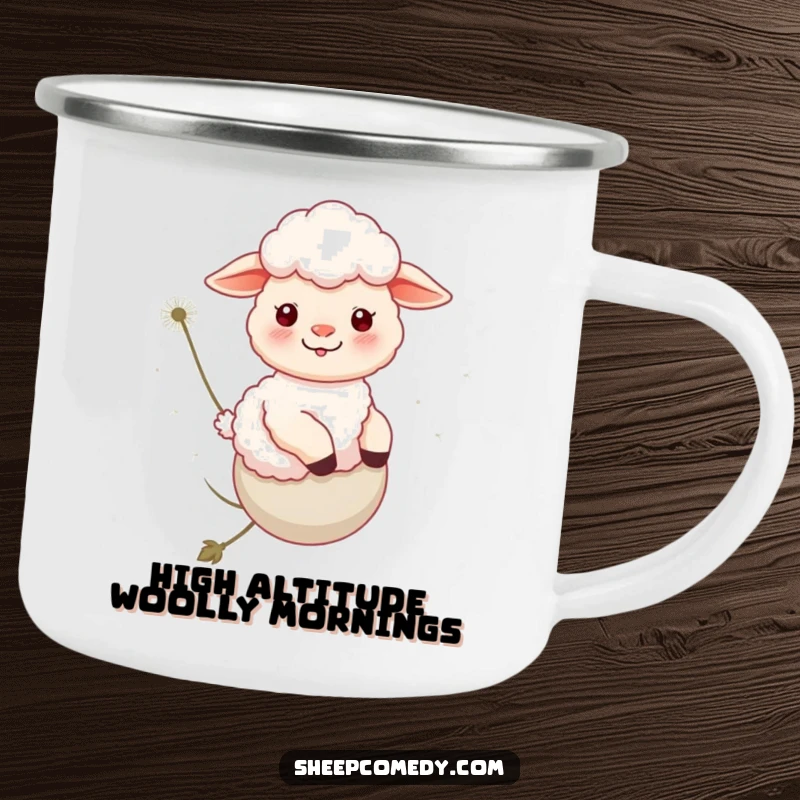 Funny Sheep Camping Mug: A sheep rides a dandelion, ready for campfire stories and outdoor fun.