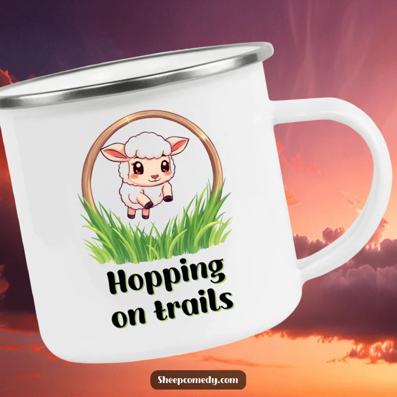 Funny Sheep Camping Mug: A determined sheep character leaping through a grassy hoop, designed for outdoor fun and humor.