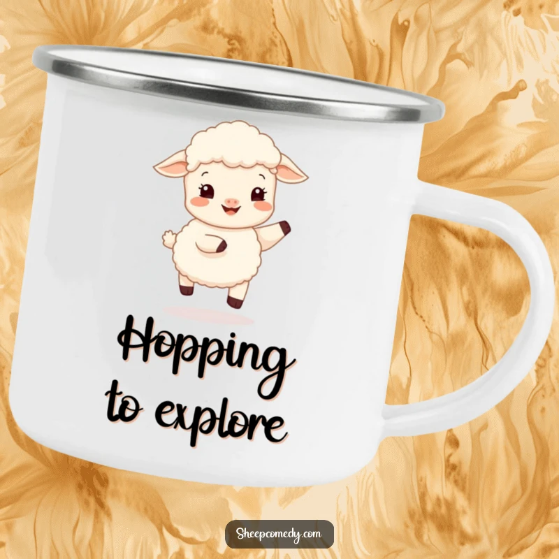 Funny sheep cub hop camping mug, depicting a happy lamb doing a bouncy hop, built for outdoor enjoyment and cheer.