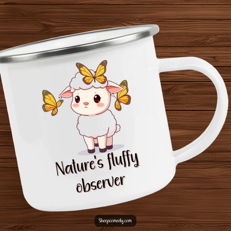 Funny sheep camping mug, sheep curiously watching a butterfly, durable, perfect for outdoor adventures and funny gifts.