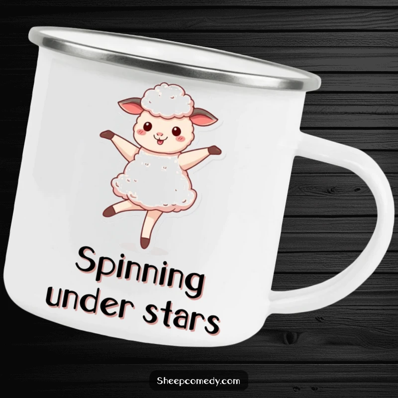 Funny Sheep camping mug showing a happy sheep twirling like a ballerina, ready for outdoor performances.