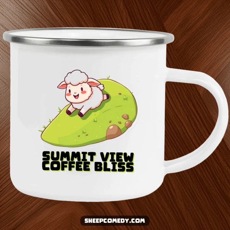 Funny sheep camping mug depicting a happy sheep character sliding down a stylized grassy hill, ready for outdoor fun and laughter.