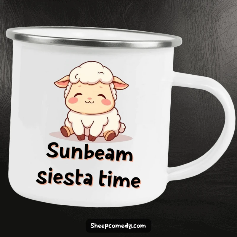 Funny camping mug depicting a sheep character sighing contentedly while napping in the sun, durable for relaxing outdoor moments.