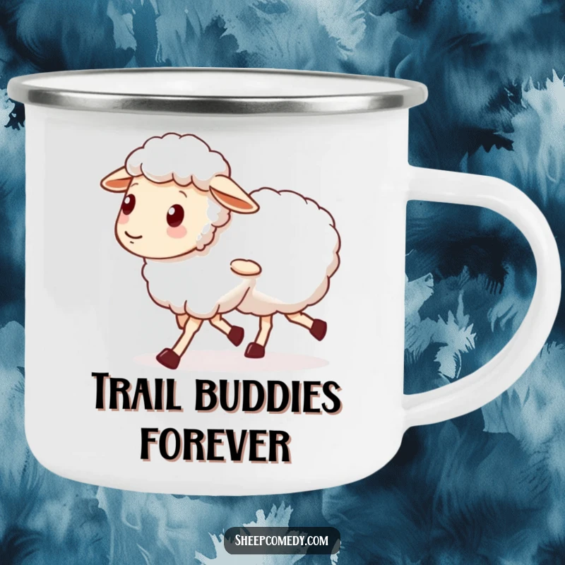 Funny camping mug showing a sheep character with wobbly legs walking with a friend, durable for adventures and celebrating companionship.