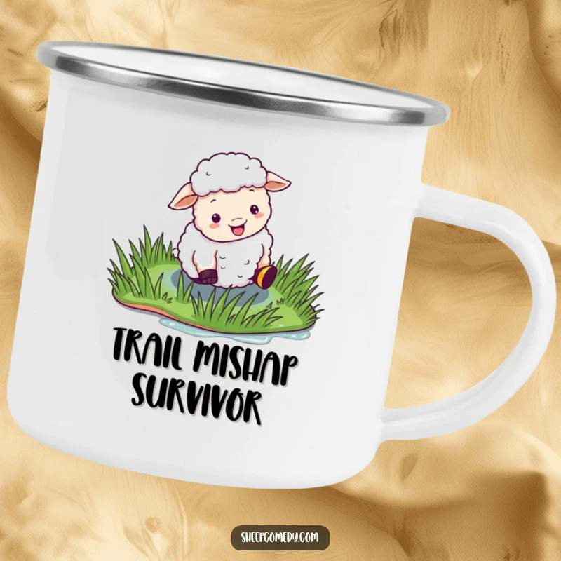 Funny Sheep Camping Mug featuring a sheep comically slipping on wet, shiny grass, bringing outdoor fun and humor.