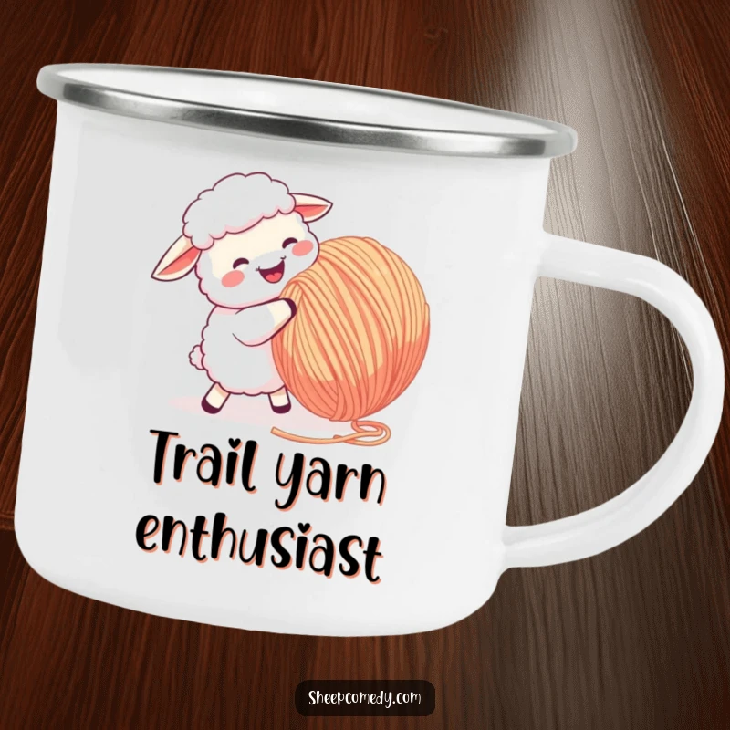 Funny Sheep Camping Mug: A sheep energetically butts a giant ball of yarn, ready for outdoor fun and laughter.