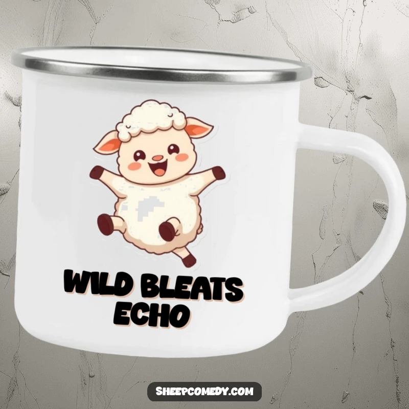 Funny sheep camping mug, a joyful sheep bleating and kicking its legs, perfect for outdoor happiness.