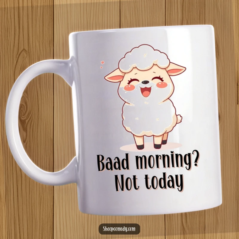 Funny sheep mug with a happy sheep giggling as a gentle breeze tickles its wool, conveying pure joy and lightheartedness.