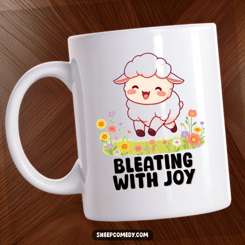 Funny mug showing a fluffy sheep with its mouth open in a joyful bleat, happily leaping through a vibrant field filled with colorful flowers.