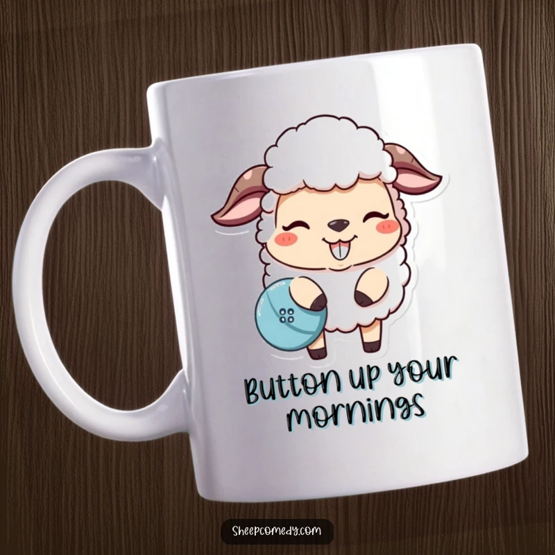 Funny sheep mug with a mischievous grin nudging a lost button, showcasing playful and impish humor.