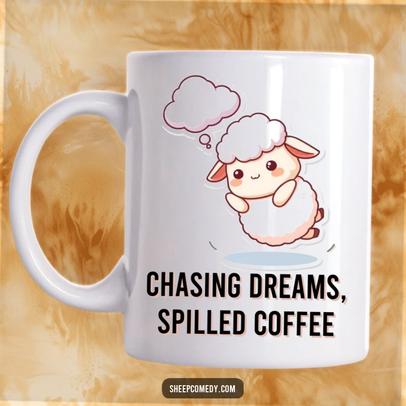 Funny Sheep Mug featuring a character playfully tripping while trying to catch a cloud, capturing a moment of endearing clumsiness.