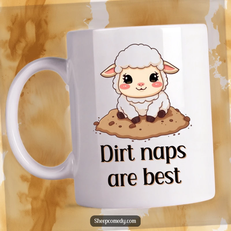 Funny sheep mug with a pleased expression joyfully rolling in soft dirt, embodying pure, uninhibited happiness and farm animal humor.