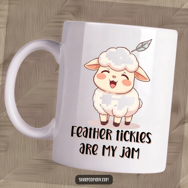Funny sheep mug, a happy sheep giggling uncontrollably as a soft feather tickles its nose, perfect humorous gift.