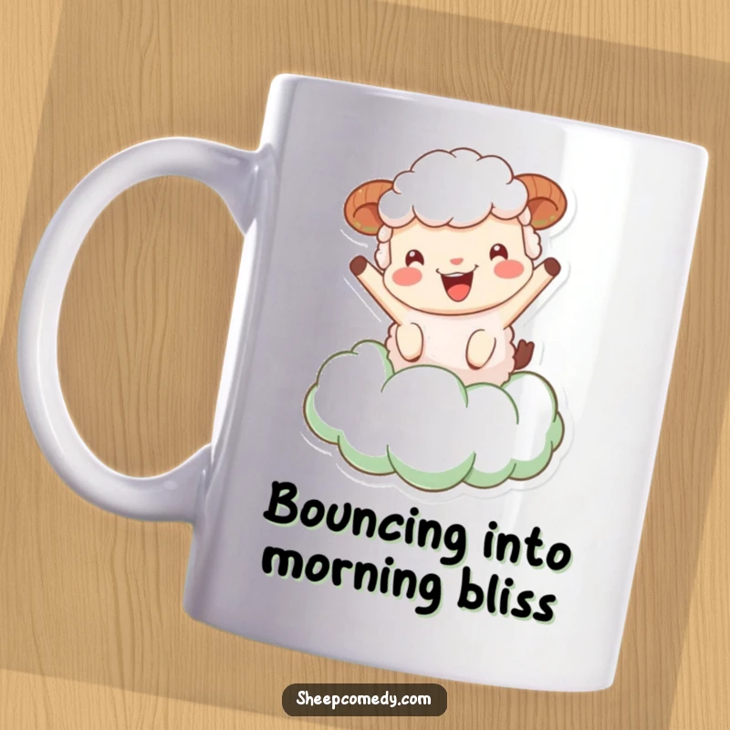 Funny Sheep Mug: A joyful sheep character playfully bouncing high on a soft, fluffy green cloud, embodying pure happiness.