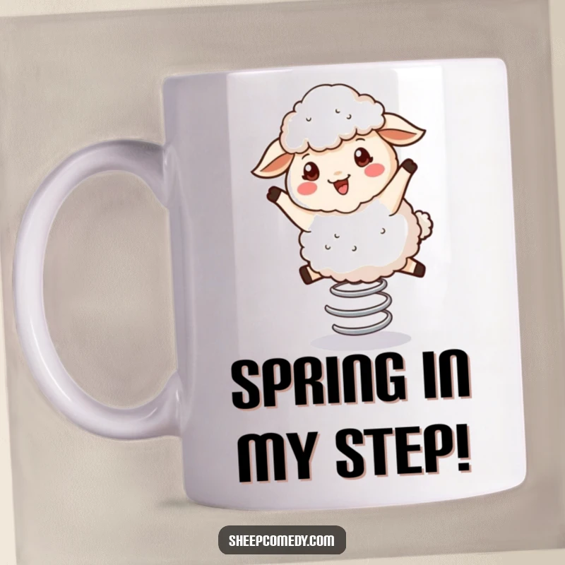 Funny Bouncing Sheep Mug: A fluffy sheep happily bouncing on a spring, a cheerful and humorous gift.