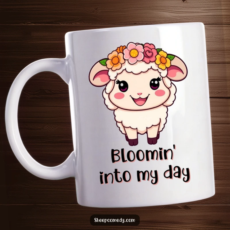 Funny Flower Crown Sheep Mug: A smiling sheep wearing a colorful flower crown, radiating happiness, a charming gift.