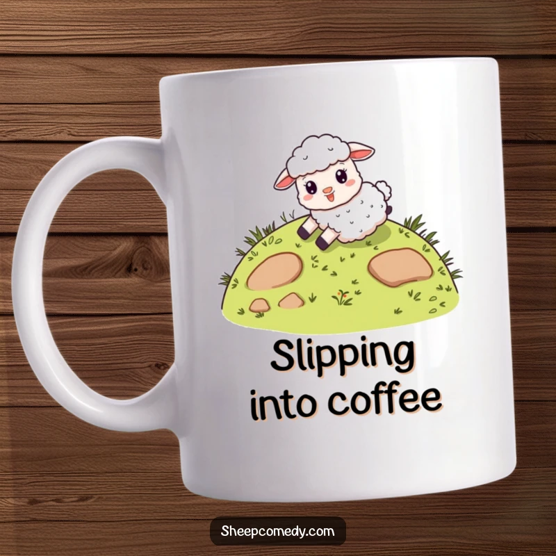 Funny mug depicting a giddy sheep character joyfully sliding down a whimsical, grassy hill, embodying carefree fun and excitement.