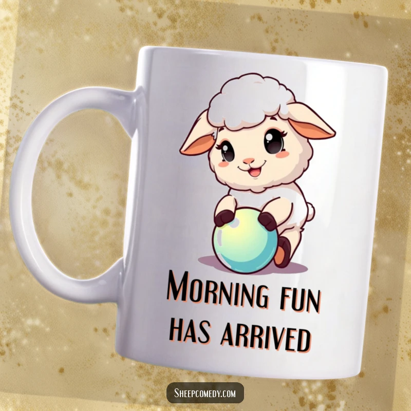 Funny Sheep Mug: A sheep with a delighted expression joyfully plays with a shiny, round ball, full of fun.