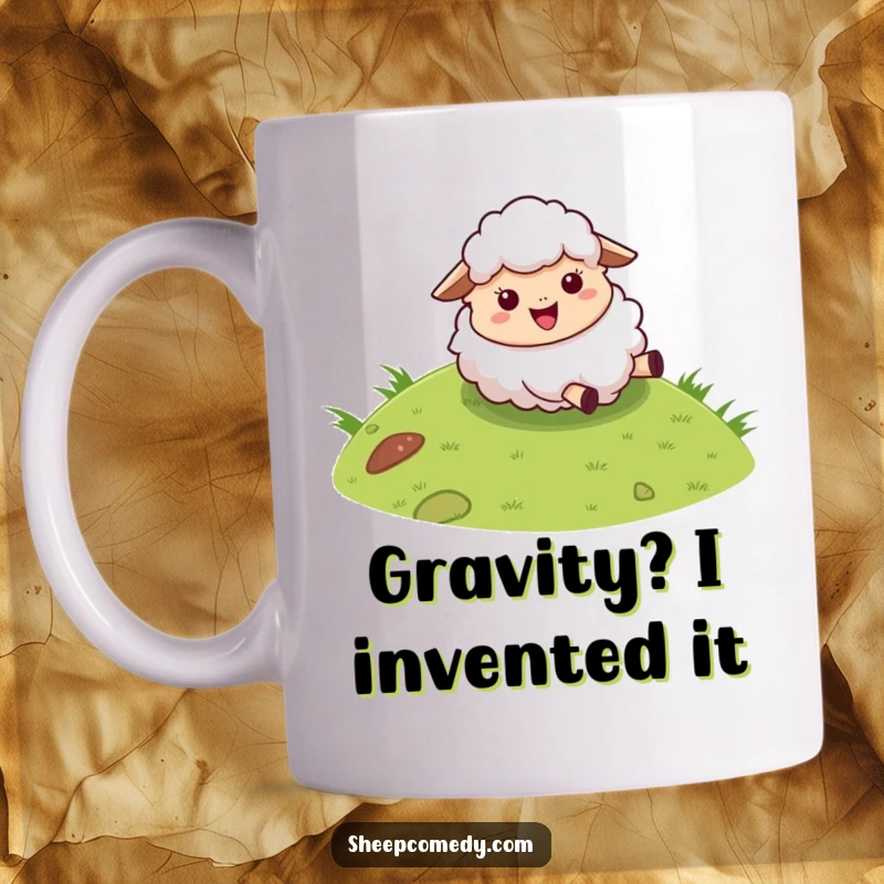 Funny sheep mug with a fluffy character joyfully rolling down a green grassy hill, embodying carefree fun.