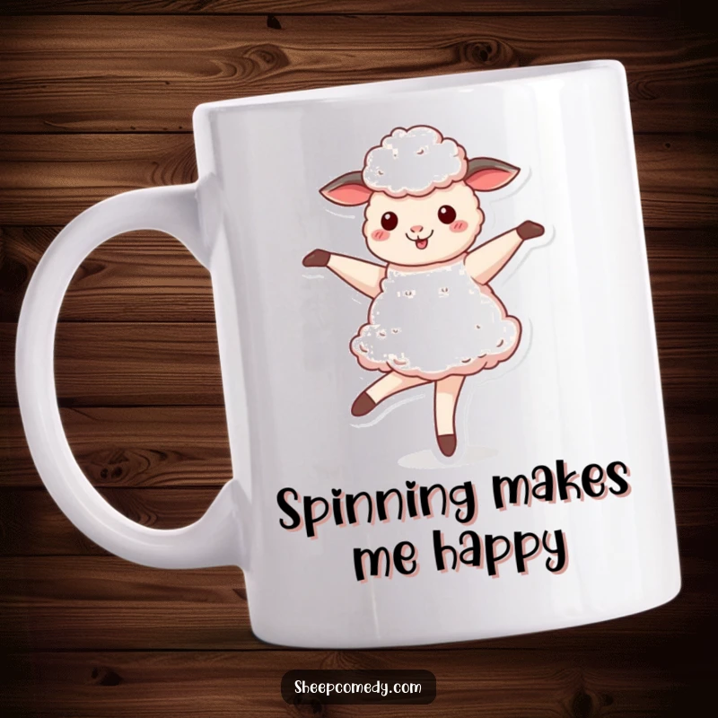 Funny Sheep mug showing a fluffy sheep enthusiastically twirling like a graceful ballerina, full of joy.
