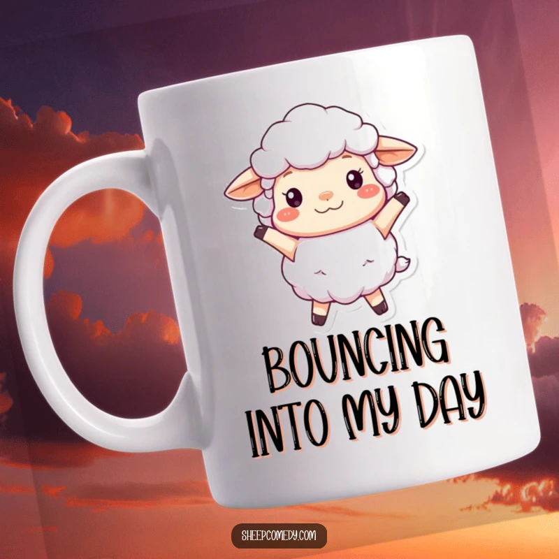 Funny Sheep Mug featuring a fluffy sheep character with wooly texture bouncing cheerfully, radiating pure happiness and soft energy.