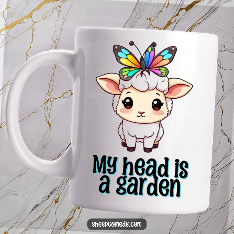 Funny sheep mug featuring a cute character delicately balancing a colorful butterfly on its fluffy head, a scene of gentle concentration.