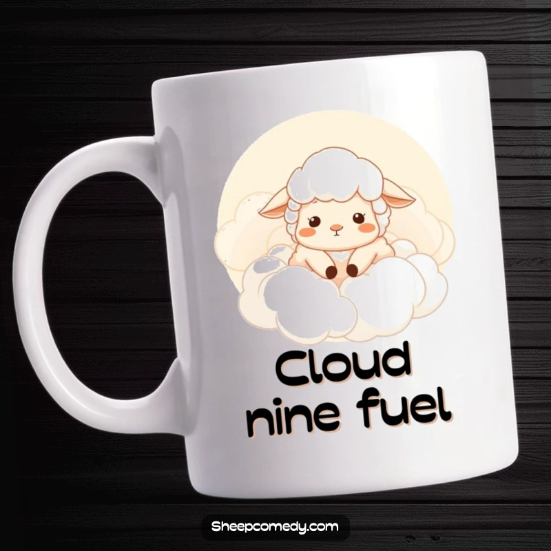 Funny sheep mug, blissfully sighing sheep nestled in soft clouds, conveying peace and humor, a perfect funny gift.
