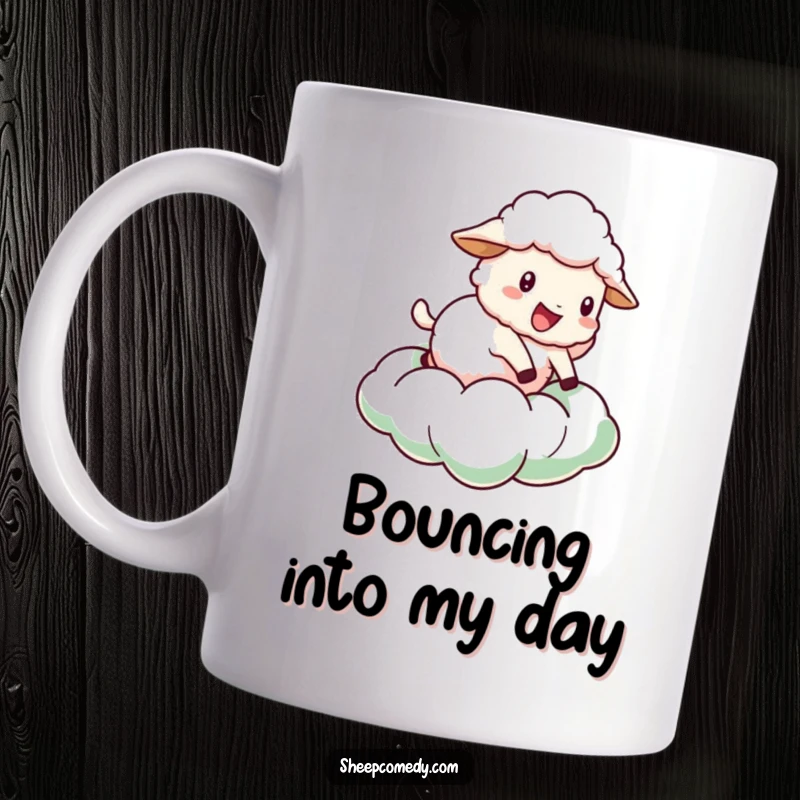 Funny Sheep Mug: A happy sheep character joyfully bouncing on a soft, fluffy green cloud, radiating pure delight.