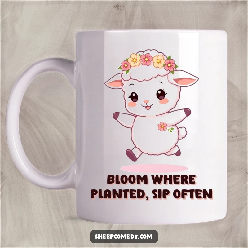 Funny sheep cub mug with a tiny flower wreath, skipping joyfully with a happy expression, perfect for animal lovers.
